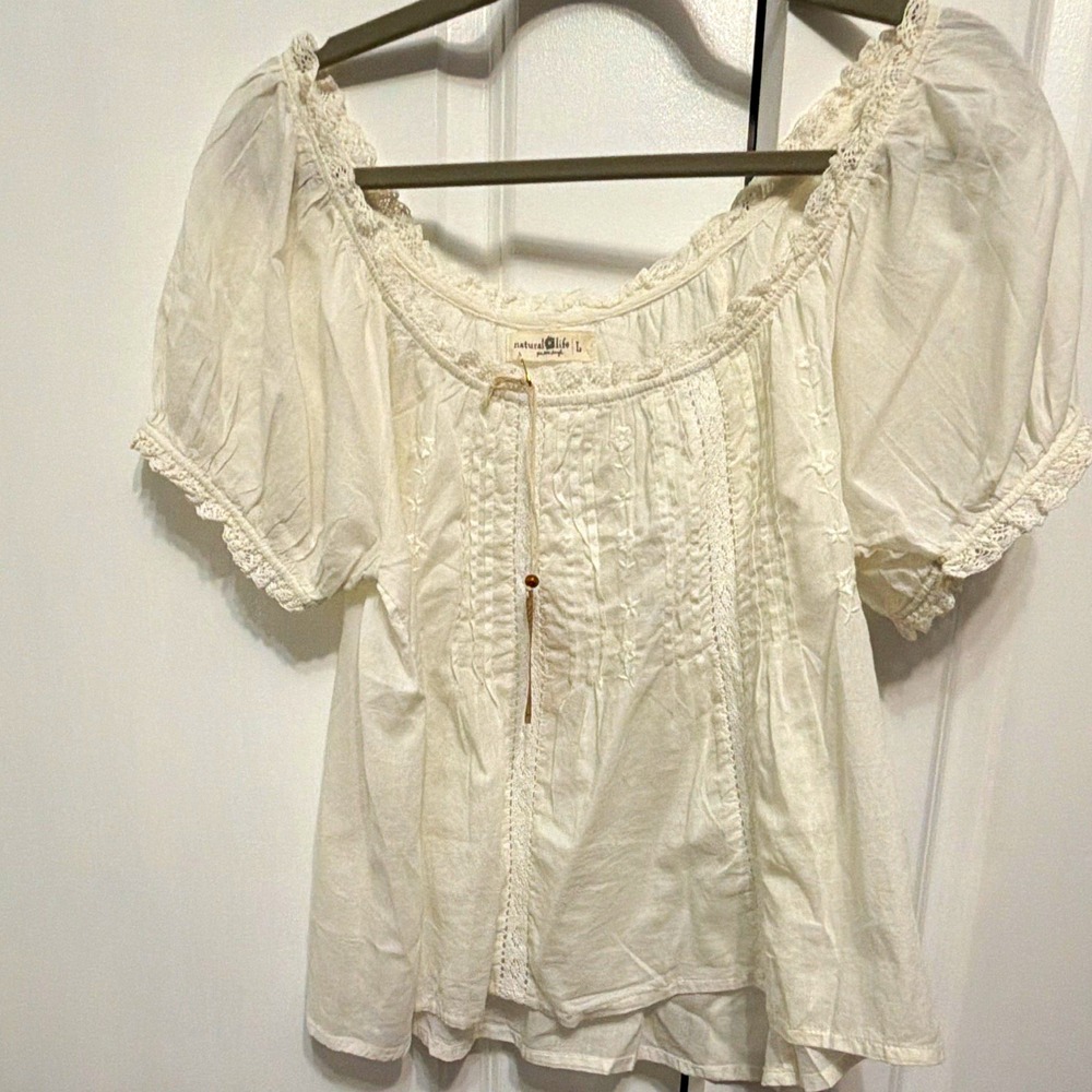 Natural Life White Cotton Woven Peasant Blouse Lace Embroidered Puff Sleeve L